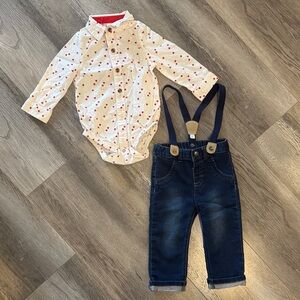 Baby Boy Heart-Print Bodysuit and Suspender Jeans Set